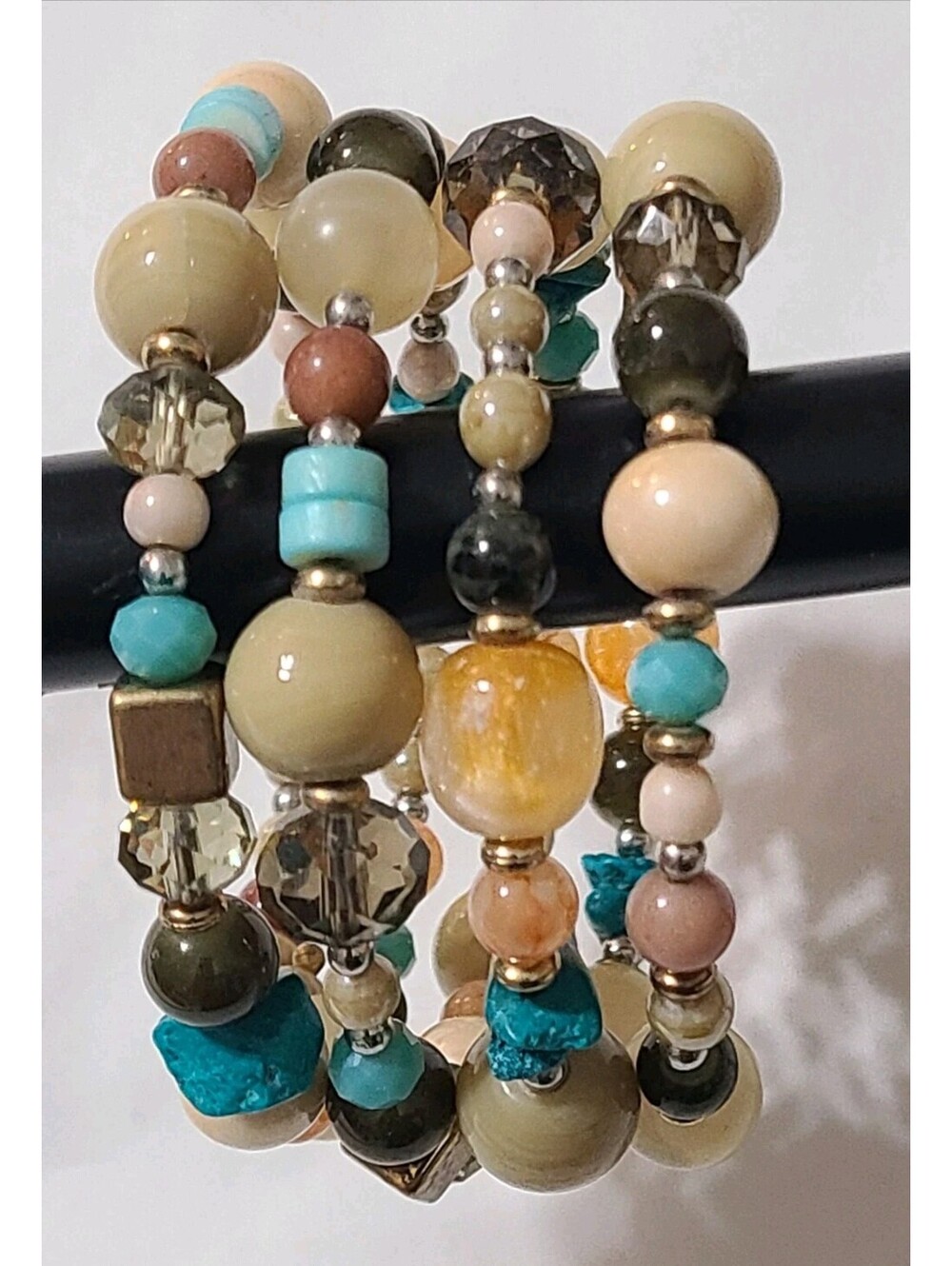 Artisan Memory Wire Wrap Bracelet Boho Beaded Cuff Turquoise Chip Cats Eye Stone